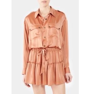 {Ramy Brook} Lia Satin Long Sleeve Dress, Caramel, Size M, NWT